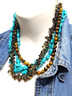 J. Crew Turquoise Tiger Eye Multi Strand Necklace Southwestern Statement Chunky